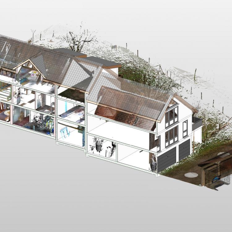 Gebäuderekonstruktion - Überlagerung der Punktwolke und des 3D Models